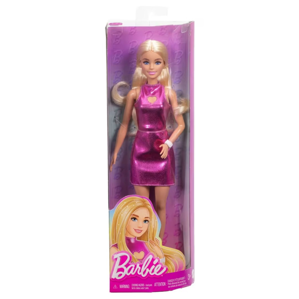 Barbie Fashionistas #230 – Açıq Sahəli Ürək Detallı Metallik Çəhrayı Mini Donlu, Sarışın Kukla