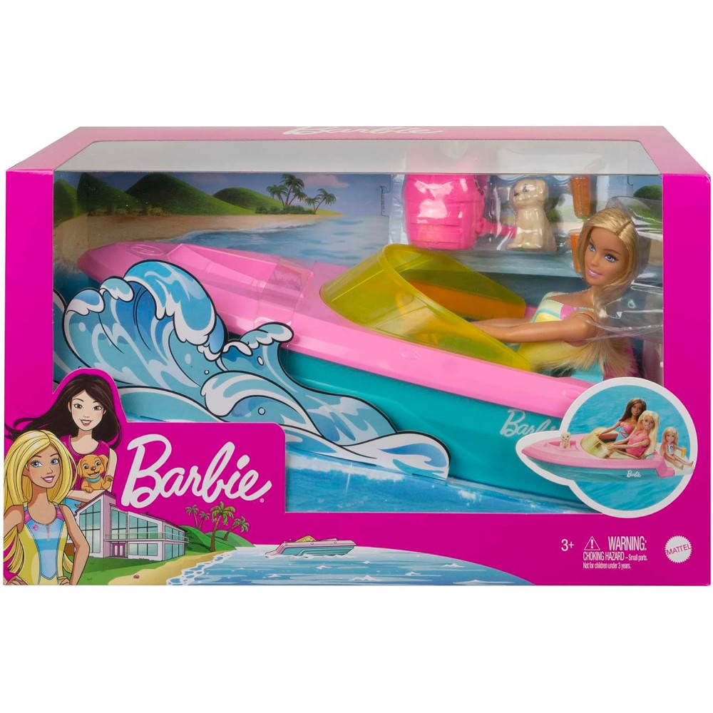 Barbie Doll and Boat Playset with Pet Puppy, Life Vest and Accessories