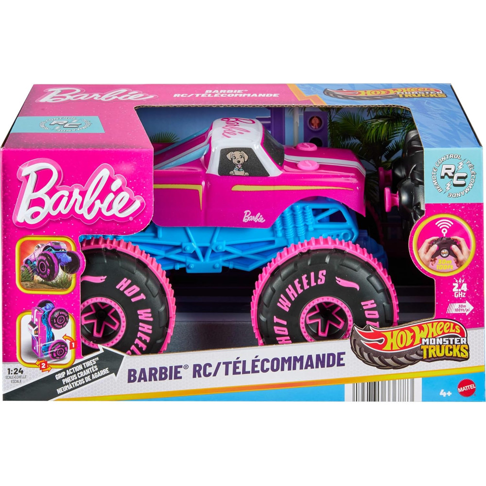 Hot Wheels Monster Trucks 1:24 Scale Barbie RC Toy Vehicle, Battery-Powered Remote-Control Truck