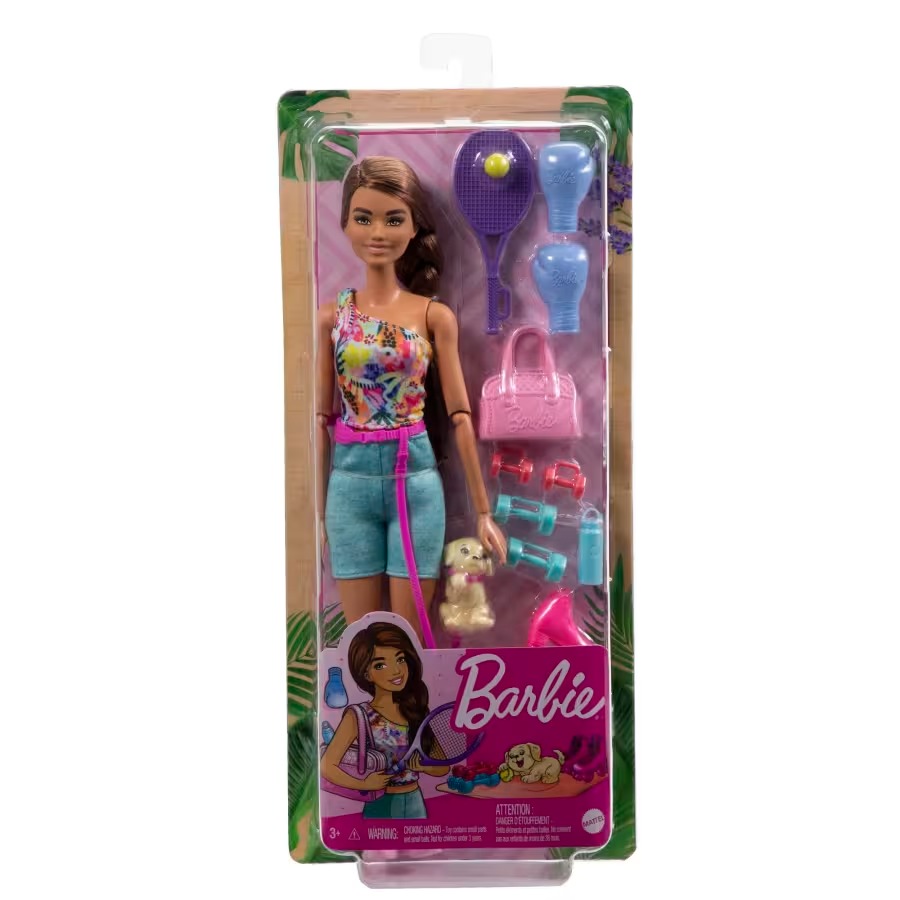 Barbie Kuklası körpə it ilə – İdman Geyimi, Roliklər və Tennis Aksesuarları ilə