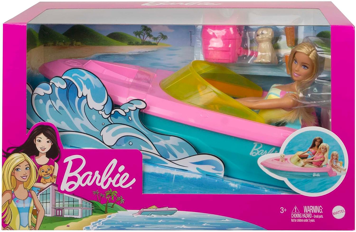 Barbie Doll and Boat Playset with Pet Puppy, Life Vest and Accessories