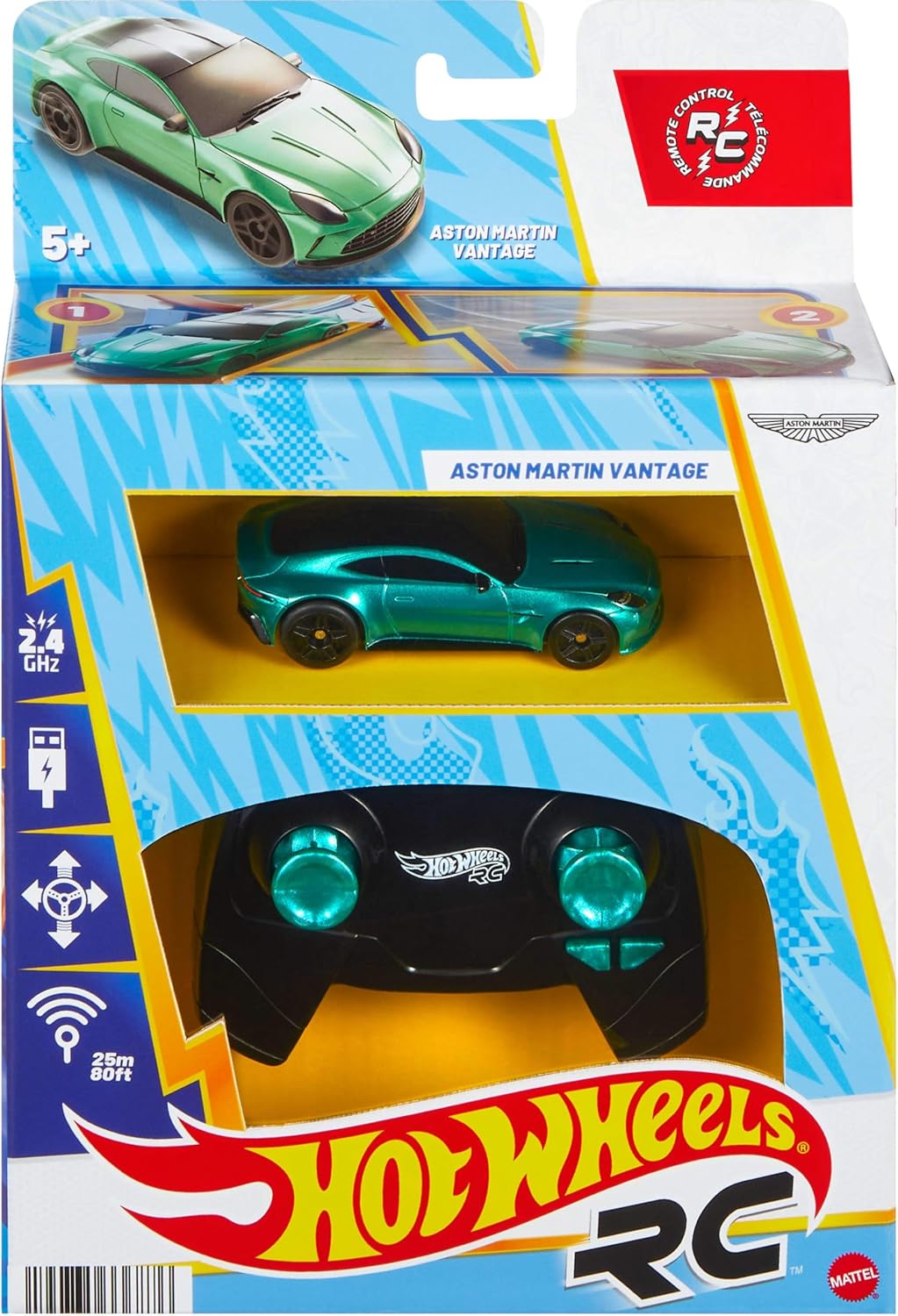 Hot Wheels RC 1:64 Scale Aston Martin Vantage Vehicle, Battery-Powered, Remote-Control Race Toy Car