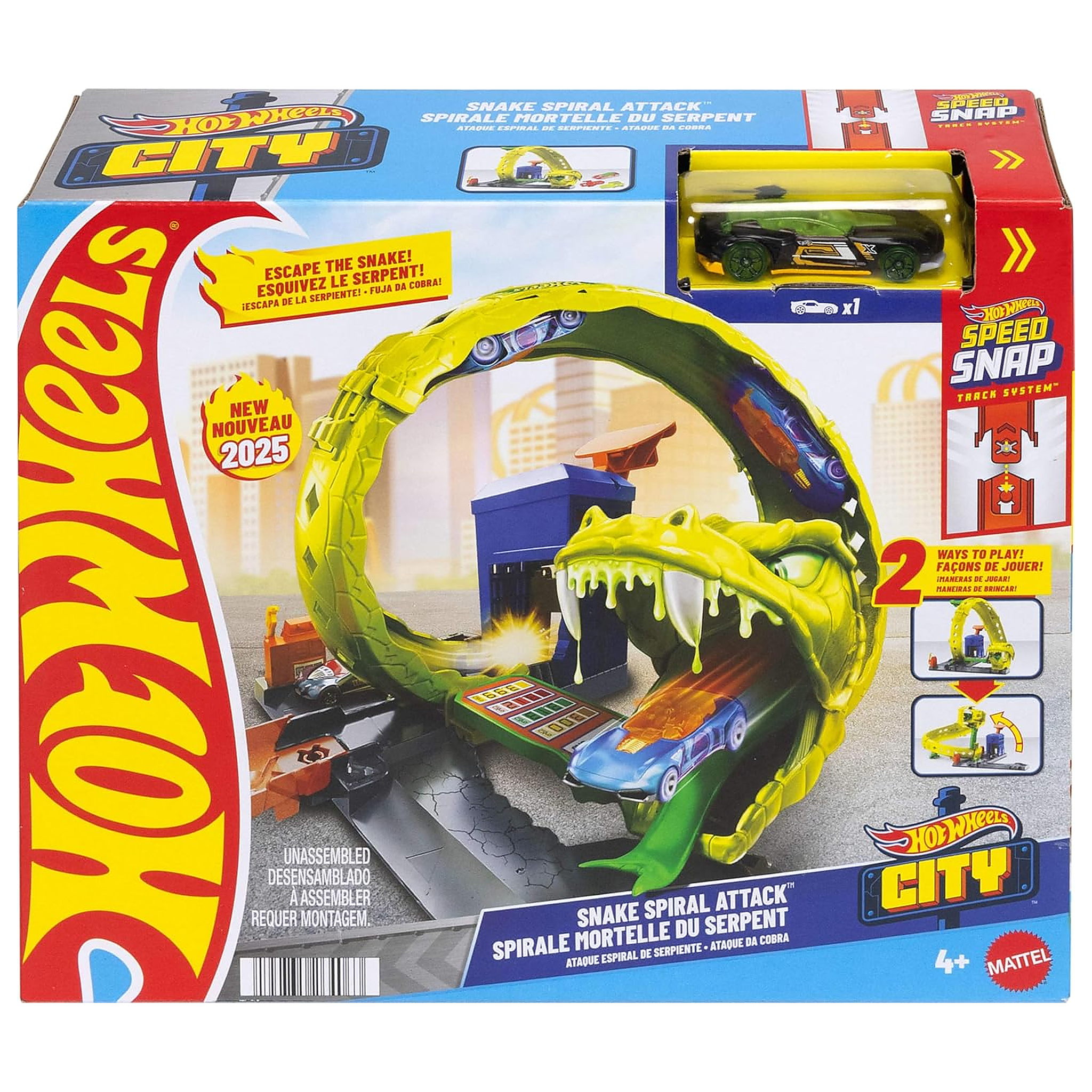 Hot Wheels Toy Car Track Set, Snake Gas Station Playset