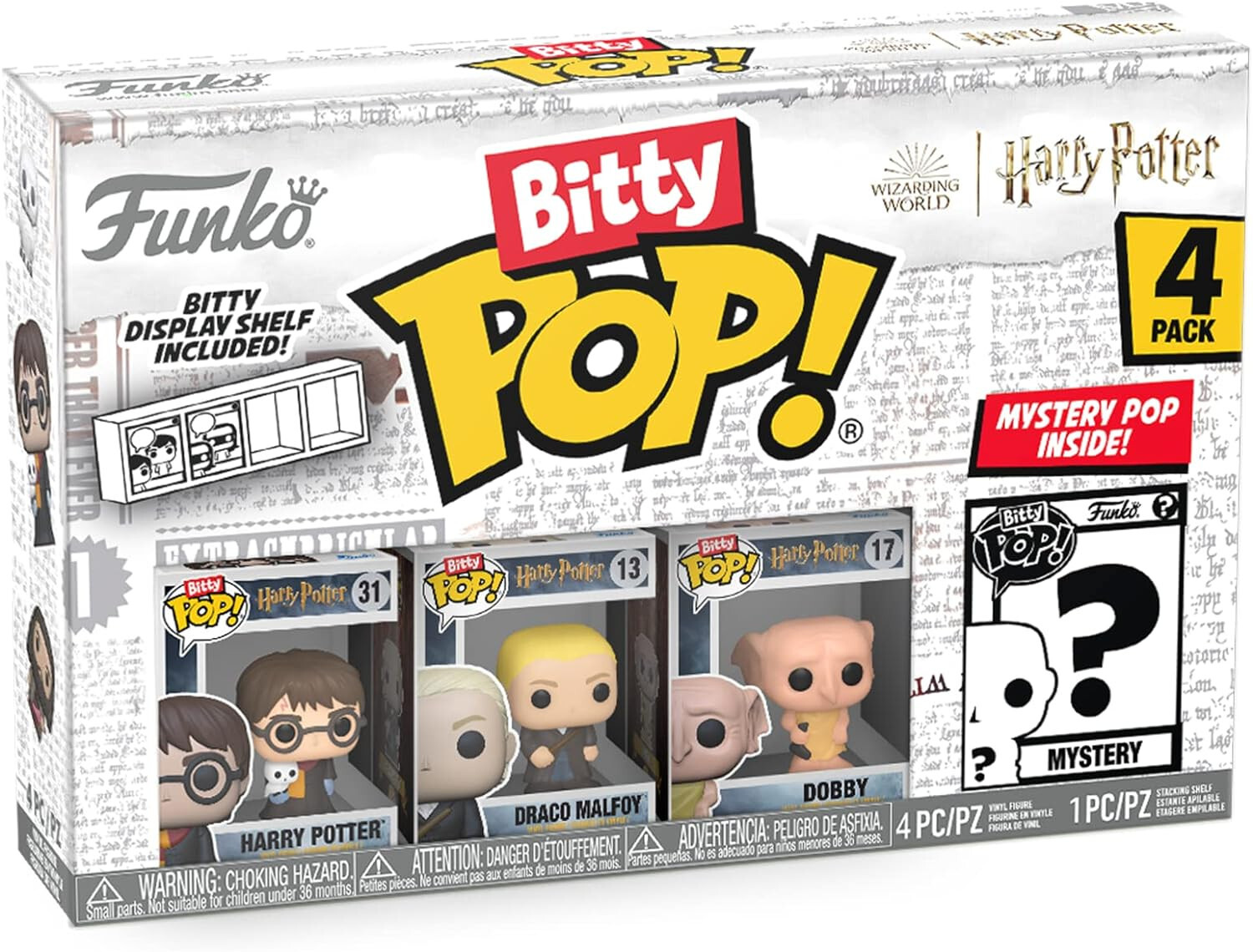 Funko Bitty POP! HP - Harry in Robe with Scarf, 4-Pack - Harry Potter, Draco Malfoy, Dobby and A Surprise Mystery Mini Figure