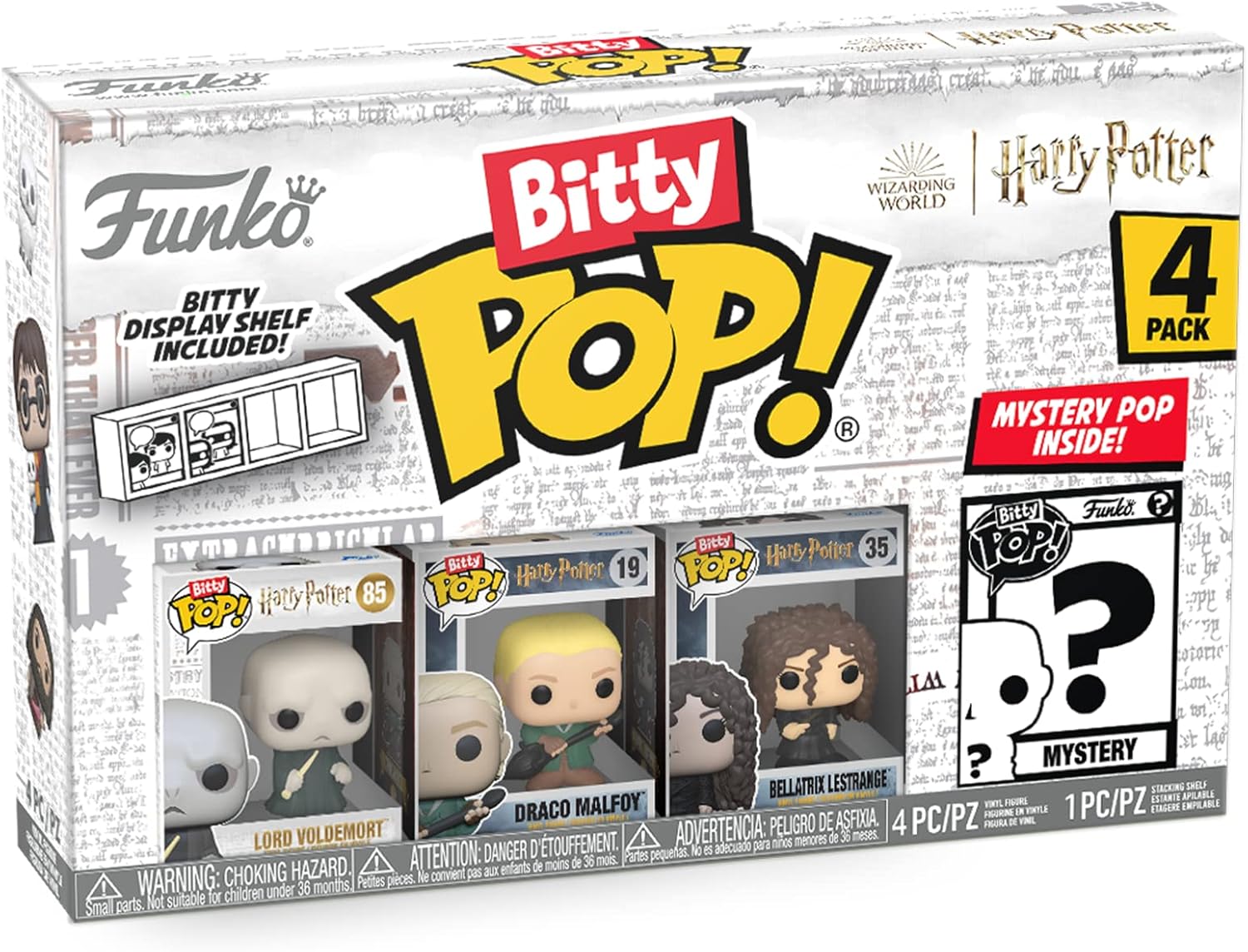 Funko Bitty POP! HP - Voldemort, 4-Pack - Lord Voldemort, Draco Malfoy (Quidditch), Bellatrix Lestrange and A Surprise Mystery Mini Figure