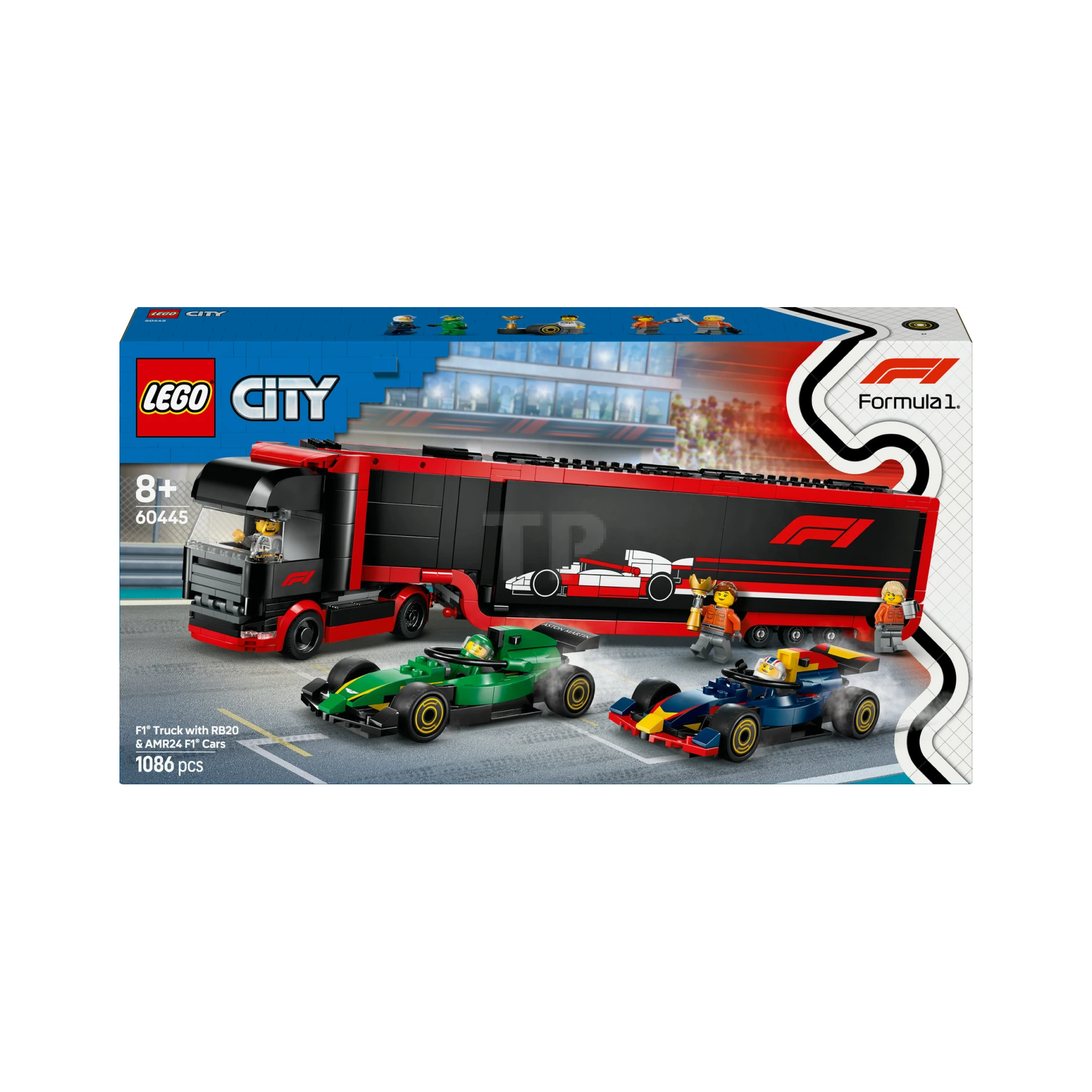 Konstruktor LEGO City F1® Truck with RB20 & AMR24 F1® Cars 60445, 1086 
parça, 8 yaşdan